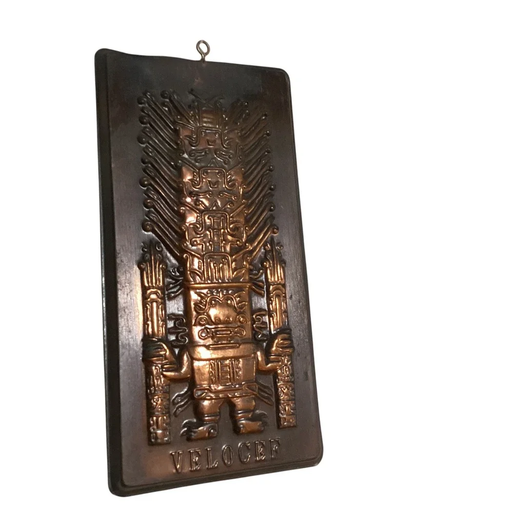 Vintage Velocef Copper Relief Aztec Incan Deity Wall Plaque Metal Art 8.5x4.25